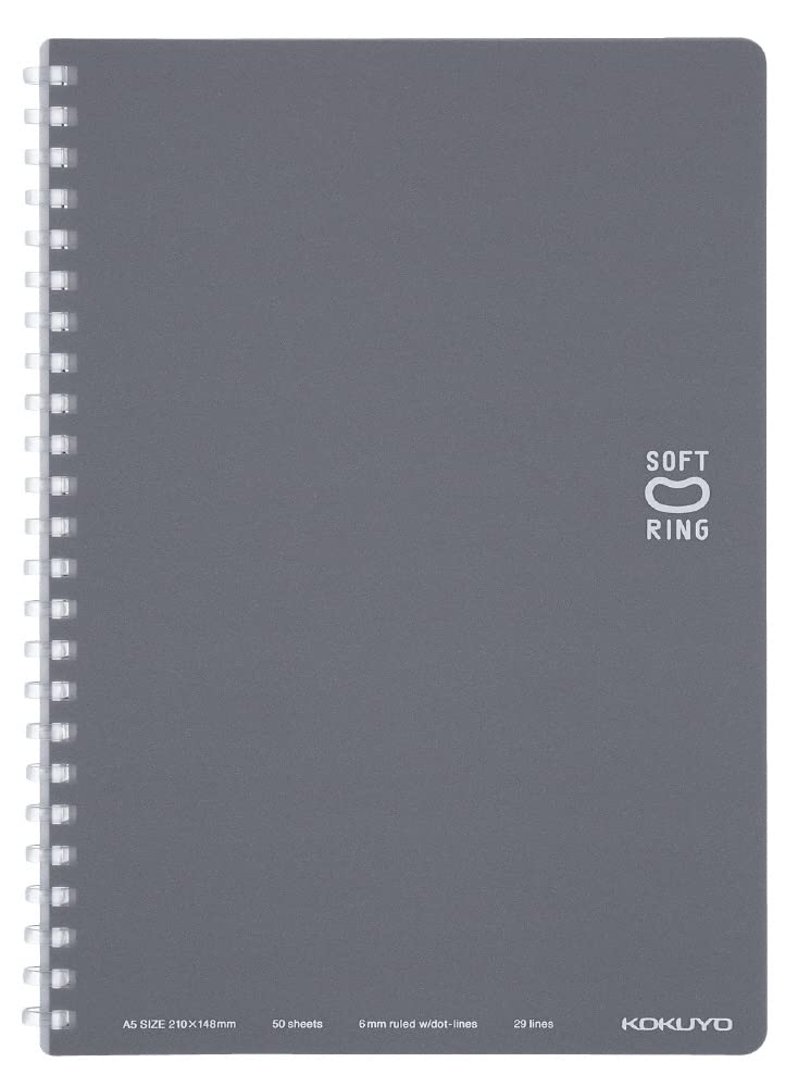 KOKUYOSpiral Lined Notebook, 8.3'' x 5.8'' Pastel Journal A5 Soft Ring Notebooks with Dot 6 mm Ruled, 50 Sheets, Dark Gray 1 Subject Notebook, Note Taking for School. Japan Import (SU-SV331BT-DM)