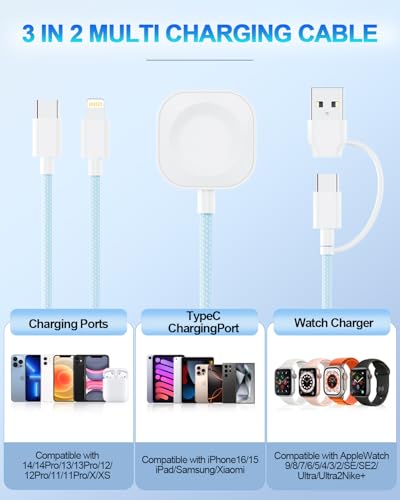 Image of Apple Watch Charger Cable 6FT 3 in1Multi Charging Cable for iwatch iPhone Nylon Braided USB A /C to Lightning Type C Multi Charger Cord Long iWatch Magnetic Wireless Charger- Travel Essentials