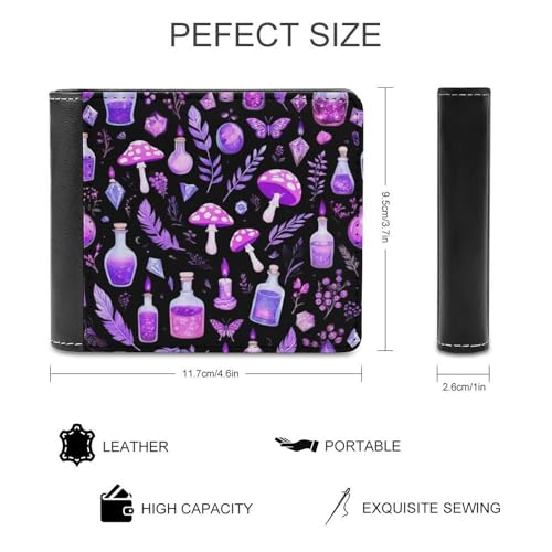 Small PU Leather Bifold Wallet for Men, Mini Credit Card Organizer Bag with Card Slots Gothic Magic Witch Witchy Trippy Purple Mushrooms Purse for Work Travel2