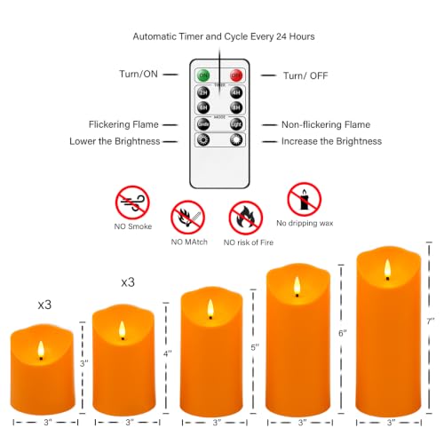Image of Eebuss Flameless Candles with Remote Timer, Battery Operated Realistic Flickering LED Candles, 9 Packs Fake Candles for Home Decor (D3 x H 3 inch 4 inch 5 inch 6 inch 7 inch) Orange