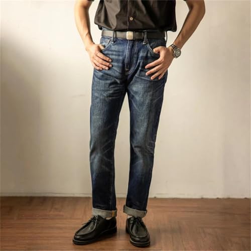 Men’S Vintage Slim Straight Selvedge Denim Full Length Pants Zipper Fly Mid Waist Midweight Dark Wash Office Wear2