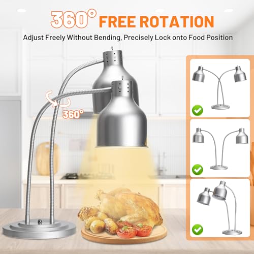 Food Heat Lamp, Commercial 500W Infrared Dual-Head Table Food Warmer Lamp, with 360° Adjustable, Suitable for Buffet Tables, Restaurant Kitchens and Catering Services