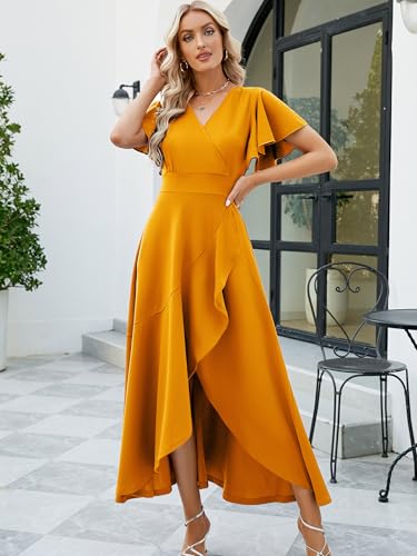 Image of Long Black Formal Dresses for Women Gowns Evening Party Cocktail Dress,Split Elegant V Neck Wrap Ruffle Wedding Guest Dresses