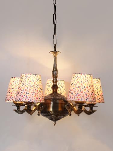 Image of Devansh 05 Lights Printed conical Cotton Shade with Antique Golden Chandelier -C