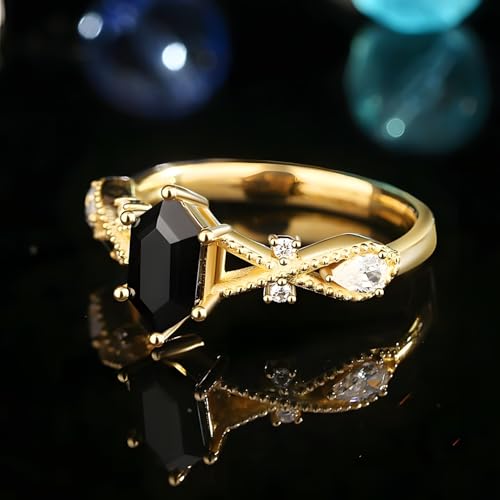 Black Onyx Couples Ring Set - Black Onyx Rings For Women - Promise Rings For Her - Men Wedding Band Wood Barrel Meteorite3