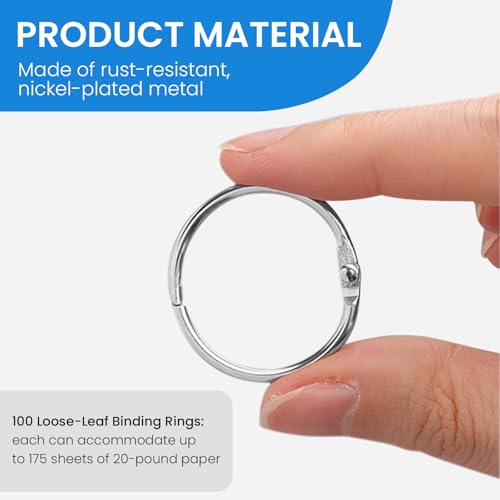 ESUOHYM 100 anéis de fichário niquelados de 2,5 cm e 1 furo furador de folha solta de aço metálico a