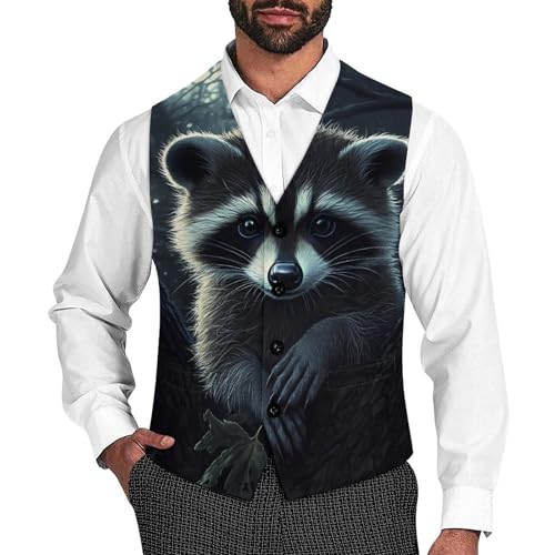 Cute Raccoon Men's Suit Vests Business Formal Dress Vest V-Neck Waistcoat for Wedding Casual