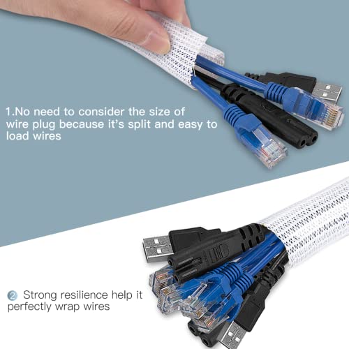 Image of AGPTEK Cable Sleeve, 6.6ft - 1.5 inch Cable Management Desk Cord Cover Organizer Wire Hider for Home Office Computer TV Wire Loom Tubing Pet Proof Cord Protector from Cat Dog Chewing, White