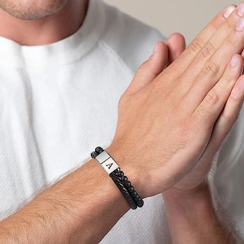 LUXEJEW Gifts for Men - Mens Bracelet, Beaded Leather Initial Bracelet 6mm Matte Agate Stone Handmade Bracelets Adjustable Stainless Steel Magnetic Clasp Mens Jewelry Gifts4