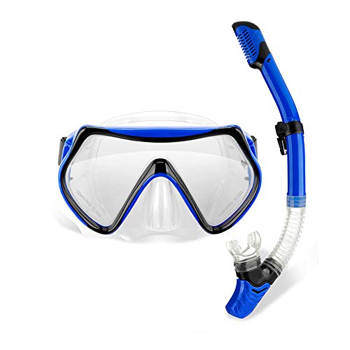 ACRIAL Snorkel Set de máscara de buceo antivaho para buceo, gafas de buceo panorámicas, con tubos de respiración libres mejorados y equipo de snorkel profesional antifugas, para niños, color azul
