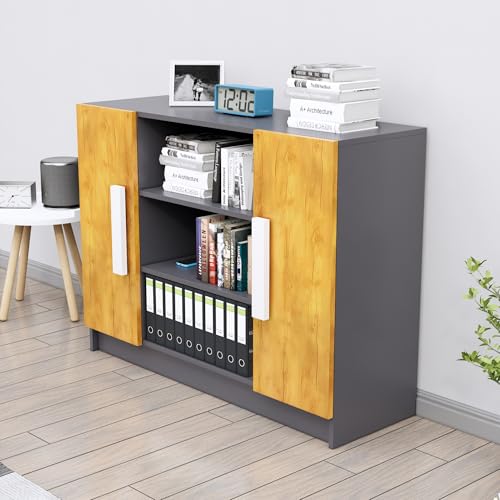 Image of Bniture Storage Cabinet Wooden Sideboard for Living Room with 3 Shelf & 2 Door | Multipurpose Book Shelf Storage Organizer Cabinet for Office Home Hallway Drawing Room Bedroom |Slate Grey & Giant Wood