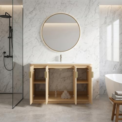 Image of 48 Inch Freestanding Bathroom Vanity with Ceramic Sink, Striped Vanity Cabinet with Four-Door Storage & Gold Pull Handles, Natural Wood
