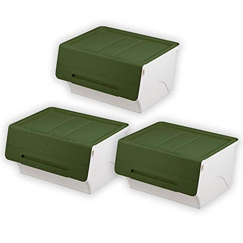 サンカ フロック 重ねて使える蓋付き衣装ケース ワイド カーキ おしゃれな大容量収納 引き出さずに使える前面開閉式 カパっとひらく固定できるフタ キャスター取り付け可能 日本製 衣類 収納ボックス froq Afr-W30KK-3P