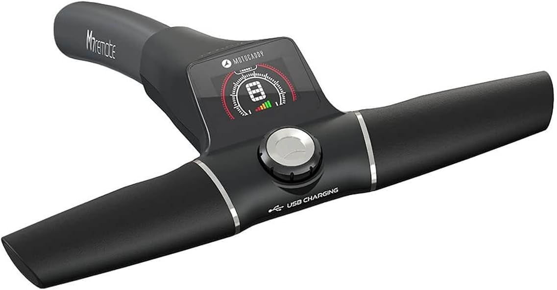Close-up of Motocaddy M7 Remote DHC Electric Caddy handle and display