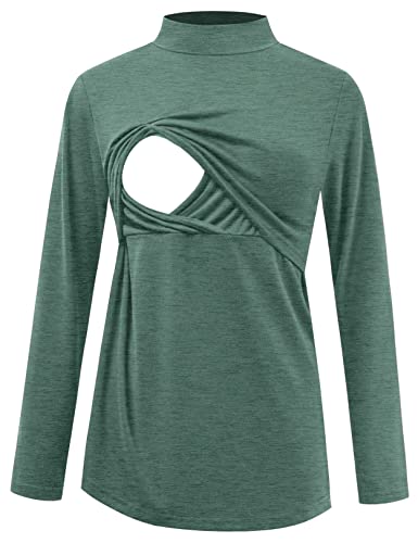Image of GINKANA Nursing Top Long Sleeve Mock Neck Soft Double Layer Maternity Breastfeeding Clothes Nursing Shirt