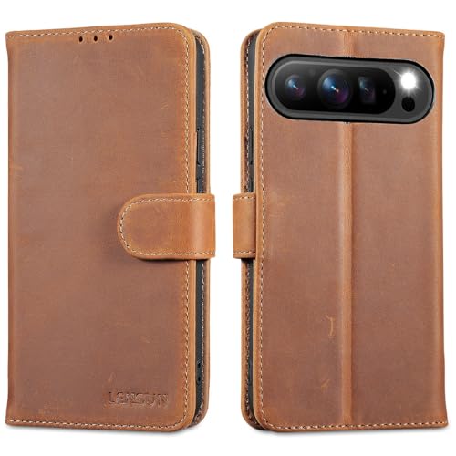 Étui Cuir Véritable pour Google Pixel 9 et 9 Pro LENSUN Brun Rétro