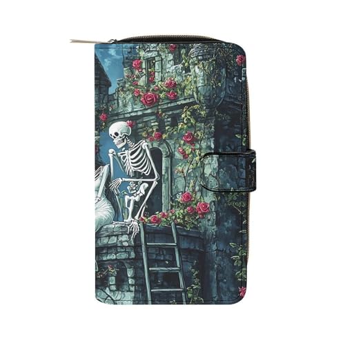 Romantic Gothic Skeleton Lovers Castle Long Wallet PU Leather Credit Card Holder Durable Zippered Purse Clutch Wallet