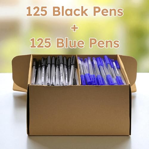 Image of PENSAN Ballpoint Pens Bulk Pack, 250-Count - (125 Black & 125 Blue) Ink Pens, 1.0mm Medium Point, Ergonomic Triangle Grip, Smooth Writing