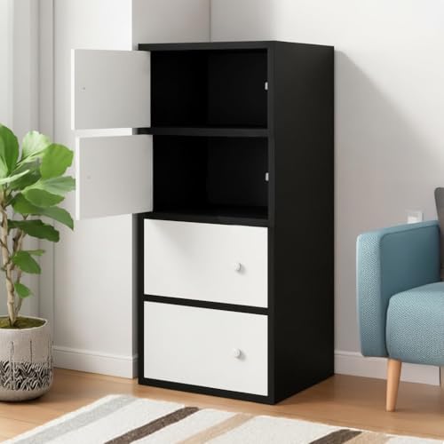 Image of 4-Door Morden Wooden Collapsible Wardrobe for Storage /Space Saving Wooden Wardrobe with Doors /Collpsible Storage Organiser /Living Room - (Black, 4 Layer)