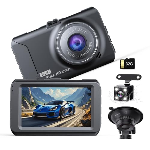 車用 ドライブレコーダー 前後2カメラ ドラレコ 小型 ドラレコ 300万画素 1296P 170度超広角 32GBカード付き 3インチ液晶画面 HDR/WDR画像補正技術 エンジンON/OFF 自動緊急録画 リバース連動 上書き録画 全国LED信号機対策 高速録画 操作簡単 日本語説明書