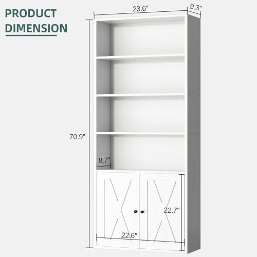 Shintenchi Bookshelf, Industrial Bookshelves and Bookcases with Doors Floor Standing 6 Shelf Display Storage Shelves 70.6 inches Tall Bookcase for Home Office, Living Room (White)