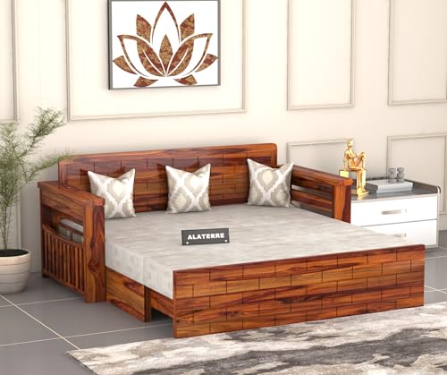 Image of Solid Sheesham Wood Diwan Bed for Living Room & Bedroom | Modern Wooden Sofa Cums Bed with Side Storage Rack | Multipurpose Day Bed for Home Furniture (Honey Finish)