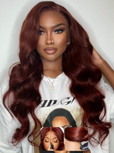 Image of KLAIYI Bye Bye Slip Reddish Brown Loose Body Wave Glueless Precut 7x5 Lace Front Wig Human Hair Drawstring Pre Plucked Bleached Knots 30S Ready to Wear and Go Wig Pre Everything Cooper Red Wig 26Inch