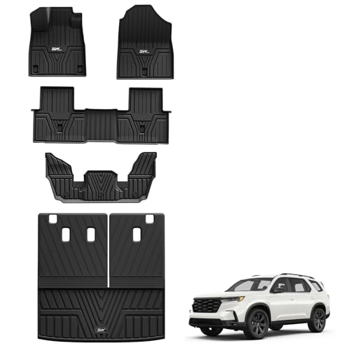 3W Floor Mats and Cargo Liner Fit for Honda Pilot 2023 2024 2025, Custom Fit All Weather Honda Pilot Accessories Odorless Anti-Slip TPE Full Set Mats Black