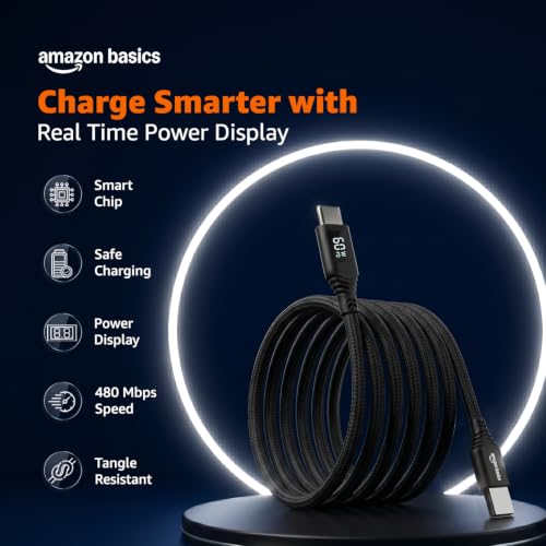 Image of amazon basics 100W Type C to Type C Cable with LED Display, 5A Max Output, Up to 480Mbps Data Sync, 2M Length, Tangle Resistant, Supports Laptop Charging (Black)