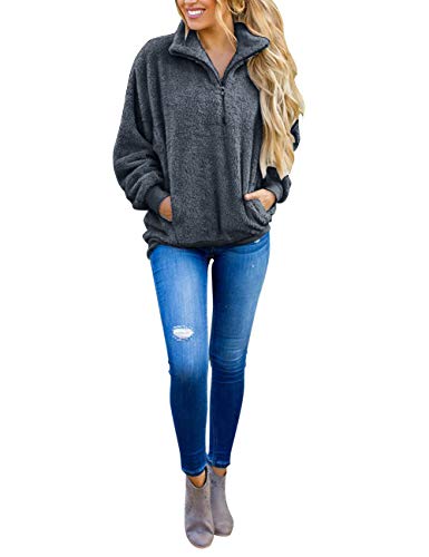 MEROKEETY Women's Long Sleeve Contrast Color Zipper Sherpa Pile Pullover Tops Fleece with Pocket