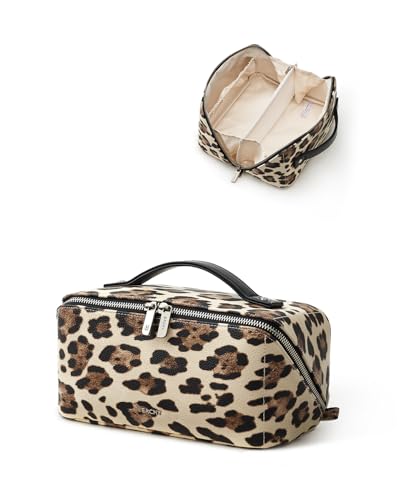 Image of EACHY Travel Makeup Bag, Large Capacity Cosmetic Bag for Women, Waterproof PU Leather, Flat Open Portable Toiletry Bag for Skincare, Brushes & Travel Essentials