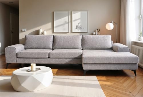 Abakus Direct | Venice Corner Sofa – Modern L-Shaped Sofa with Basket Weave Fabric, Scatter Back Cushions, Left or Right Hand Facing – Available in 9 Colours (Light Grey, Right Hand Facing)