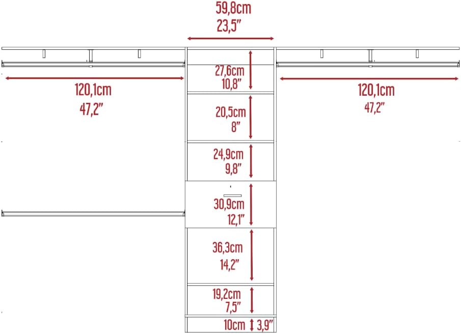 Tuhome Plego Closet System with Four Hanging Rods, Five Shelves, Three Drawers, Adjustable for 69" or 118" Closet Space, Modern Storage Solution