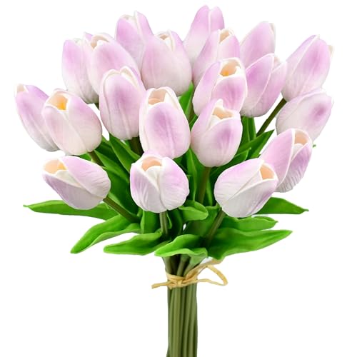 Mandy's Light Purple Artificial Tulips Flowers Centerpiece, 13.5" Lifelike PU Fake Floral Stems 20pcs for Kitchen Island & Dining Table, Spring Decor for Easter