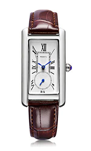 Women Quartz Watch Lady Stylish Rectangle Dress Watch with Leather Strap and Blue Crystal Crown, Silver Brown, Fashion, Vintage, Classic