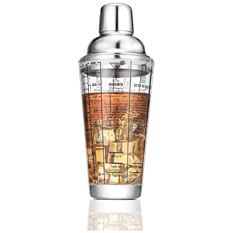Etens Glass Cocktail Shaker, Martini Shaker 14oz with Recipes on Side | Clear Bar Shaker with Measurements | Built in Strainer with Seal | Crystal Drink Margarita Shakers Bartending Cover