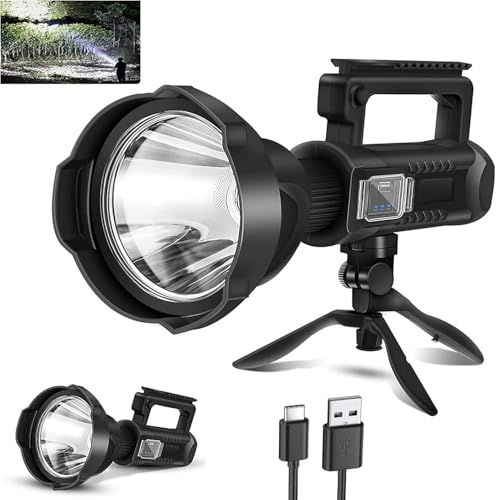 Linterna de foco recargable de alto lúmenes de 2,000,000 L, luz LED superbrillante para exteriores con trípode ajustable, 4 modos de mano de alta potencia con USB C, impermeable para barco, camping