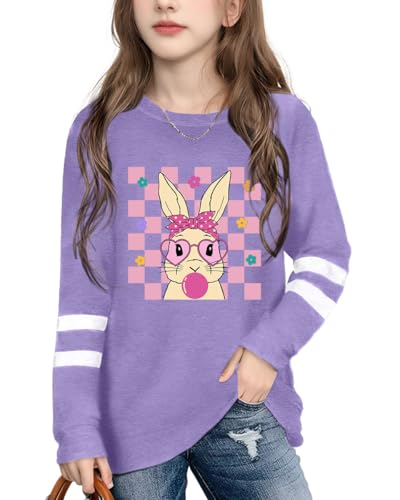 Image of LAZYCHILD Kids Easter Shirt Girls Happy Easter Shirts Rabbit Graphic Long Sleeve Striped Tee Tops 5-14 Years