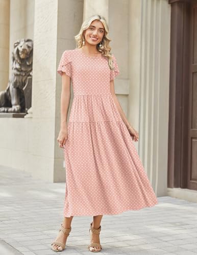 Image of Zeagoo Pink Dresses for Women Summer Dresses for Women 2026 Spring Midi Dress with Pockets Short Sleeve Dress Polka Dot 3XL