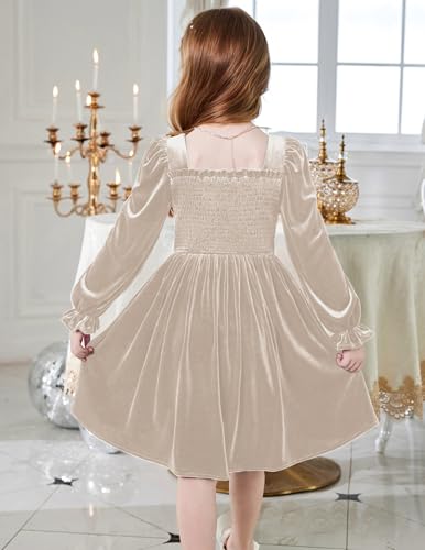 Arshiner Toddler Velvet Dress Girls Smocked Square Neck Puff Long Sleeve Party Dresses with Pockets 3-8Y3