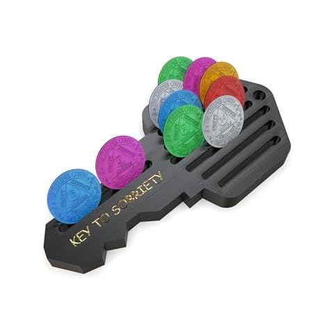 HOTCAN AA Coin Holder Key – AA Chip Holder & Sobriety Coin Holder for 14 Chips – Inspirational AA Recovery Gifts for Milestones – Pine Wood Sobriety Coin Display for Men and Women (Black) Cover