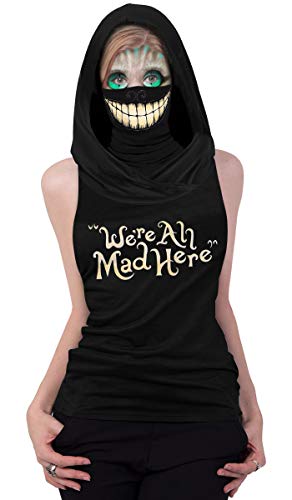 Ainuno Sleeveless Hoodie For Women Workout Shirt With Mask Black Shirts Hooded Tshirts Teen Girls Funny Smile Hoodie Shirts With Hood Funny Halloween Shirts Rave Tank Top Hoody,Mad Smile S #TOP2