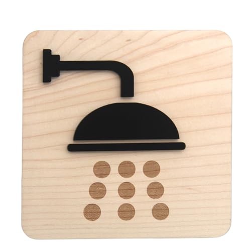 Smile BB- Cartel de Ducha de Madera de Maple y Metacrilato Negro Mate - Señalización de Baño 13,5x13,5 cm con Instalación Adhesiva Fácil - Ideal para Puertas y Paredes Interiores