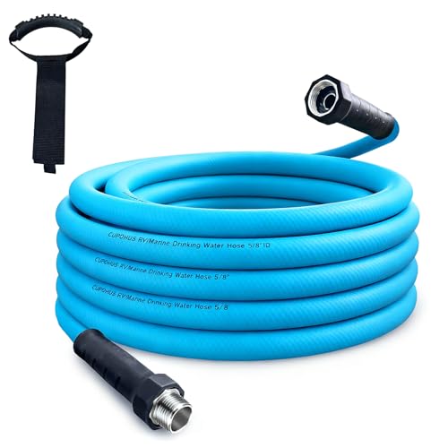 Image of Cupohus RV Water Hose 35FT, 5 /8 inch Extra Thick Wall Drinking Water Hose | Camper Water Hose, Potable Food Grade Hose with Storage Strap, Strain Relief Ends, Kink-Resistant, Marine, Car, Garden, Blue