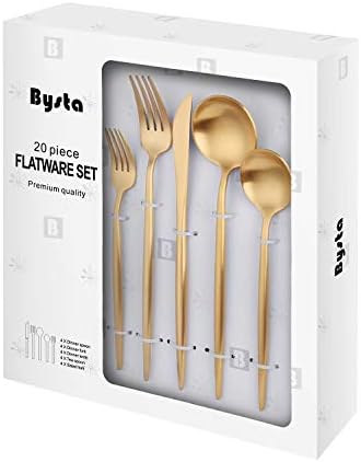 Matte Multicolor Silverware Set, Bysta 20-Piece Stainless Steel Flatware Set Cutlery Set Service For 4, Satin Finish, Dishwasher Safe, Nice Gift Box