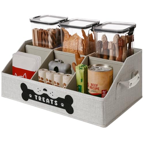 Dog Treat Container, Dogs Storage Organizer with Removable Dividers, Collapsible Dogs Treat Holder for Countertop, Trapezoid Pet Treats Containers, Dog Toy Basket with PU Handles, Medium, Gray