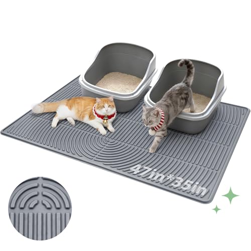 Pawtasy Cat Litter Box Mat 47 x 35 Extra Large Silicone Waterproof Litter Trapping Mat for Scatter Control Soft on Kitty Paws Non-Slip Easy to Clean
