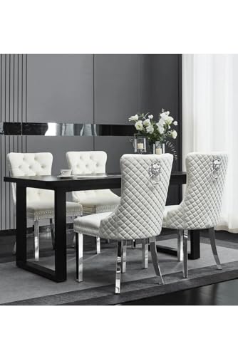 Image of Set of 2 Velvet Dining Chairs with Lion Head Knocker – Quilted Upholstered Chairs with Chrome Legs, Silver Stud Detailing, Padded Comfortable Seating for Dining Room, Office, Accent Chair (Natural)