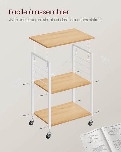 VASAGLE Étagère de Cuisine à roulettes, Chariot à 3 Niveaux, Support pour Micro-Ondes, Four, Grille-Pain, Cadre Métallique avec 6 Crochets, 40 x 60 x 89 cm, Doré Chêne et Blanc Nuage KKS060Y09 – vue 7