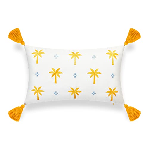 Hofdeco Premium Coastal Patio Indoor Outdoor Lumbar Pillow Cover Only, 12"x20" Water Resistant for Backyard, Couch, Yellow Baby Blue Embroidered Palm Tree Tassel